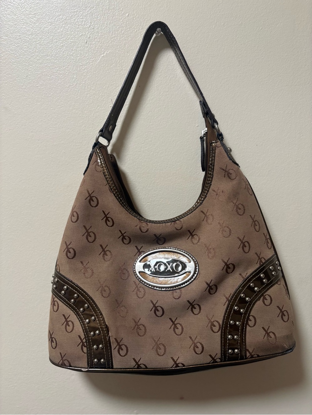 XOXO Taupe Logo Shoulder Bag with Stud Detail